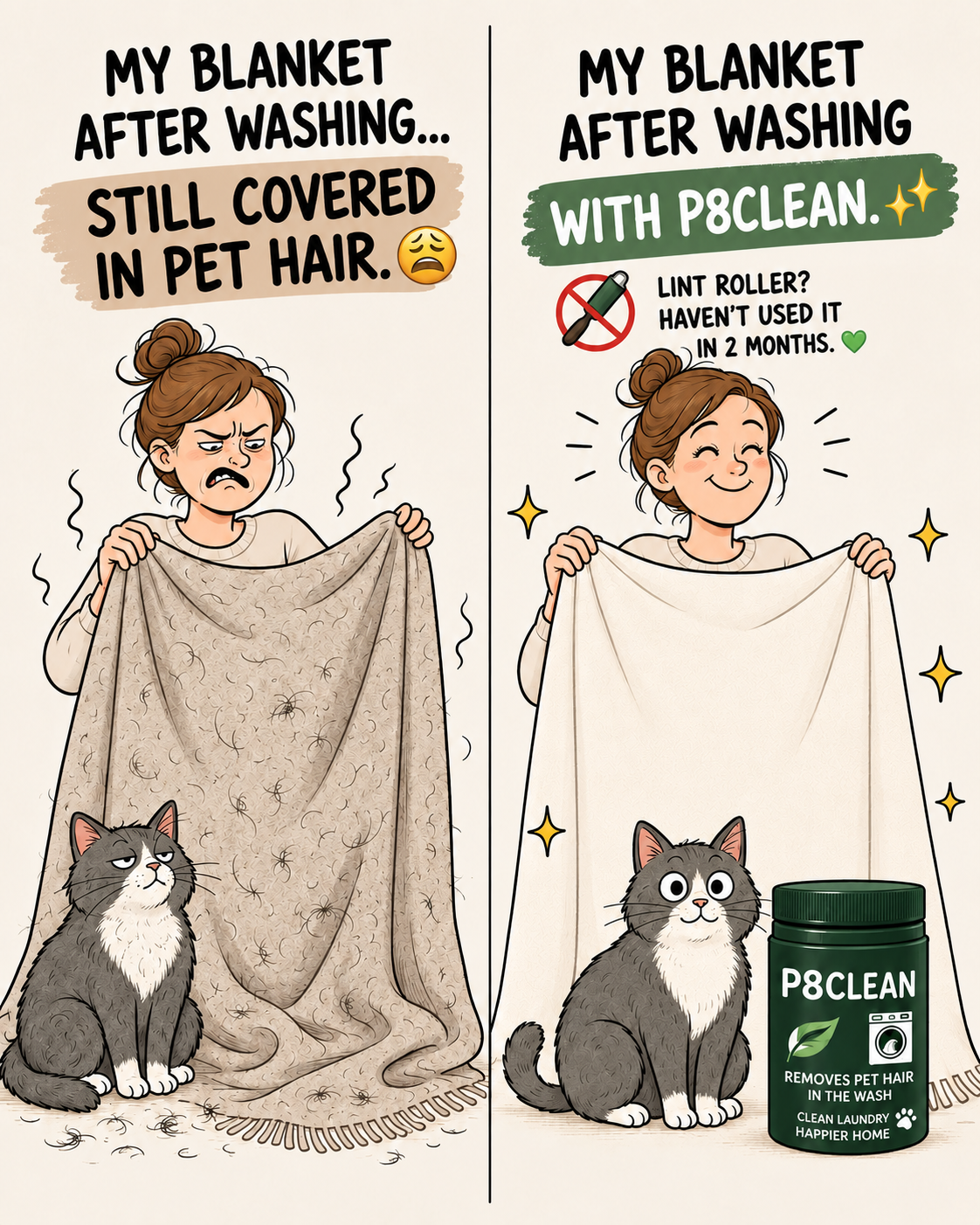 P8Clean Facebook ad: Get The Animal Hair Out. Finally.