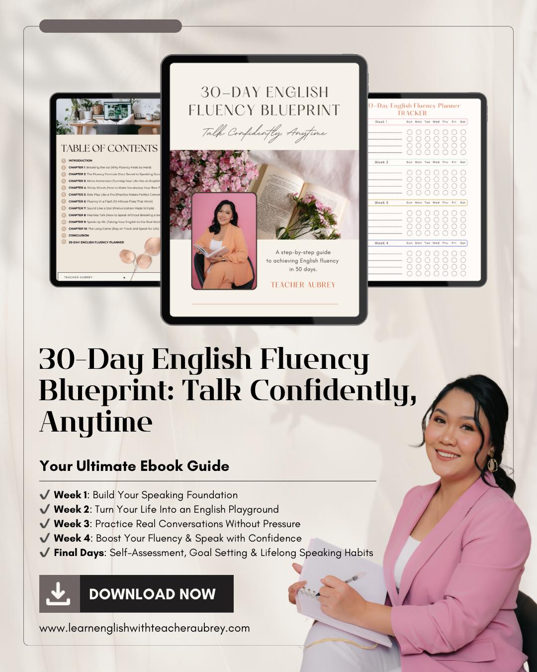 Learn English with Teacher Aubrey Facebook ad: Ready to Speak Confidently Anytime?