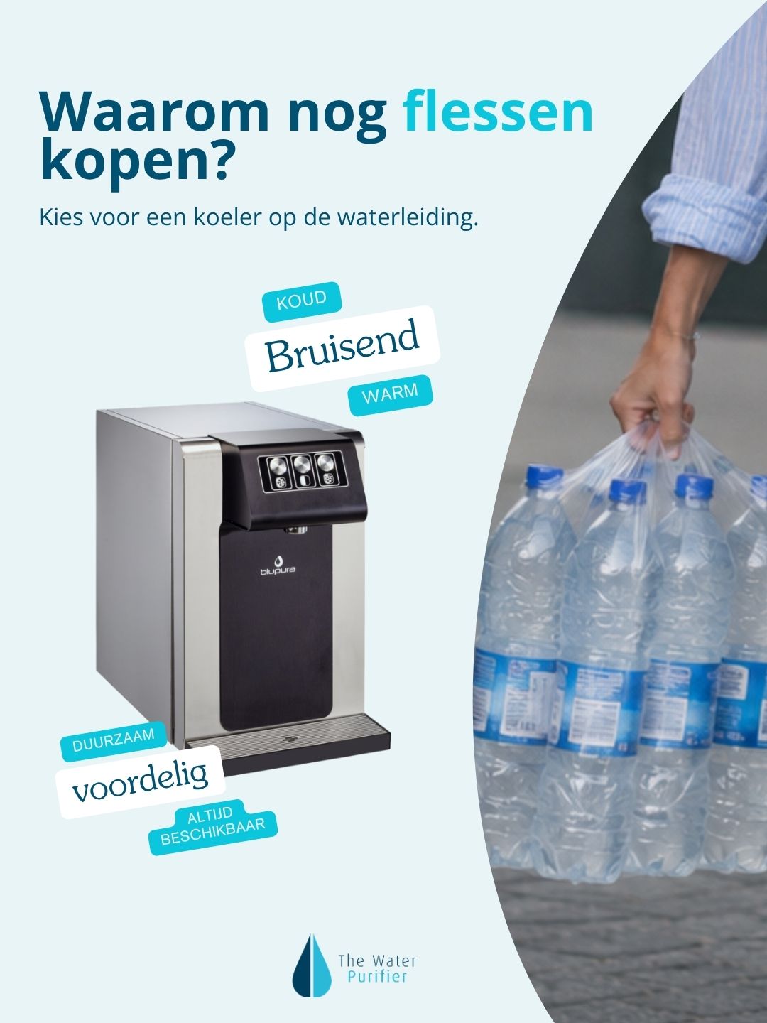 The Water Purifier NV Facebook ad: Stop met waterflessen. Kies voor onbeperkt vers drinkwater.