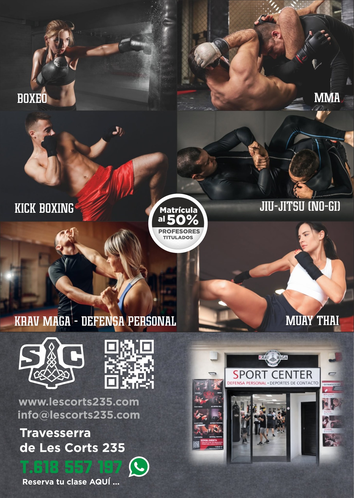 Sport Center Les Corts Facebook ad: Matrícula al 50% + primera clase gratis.