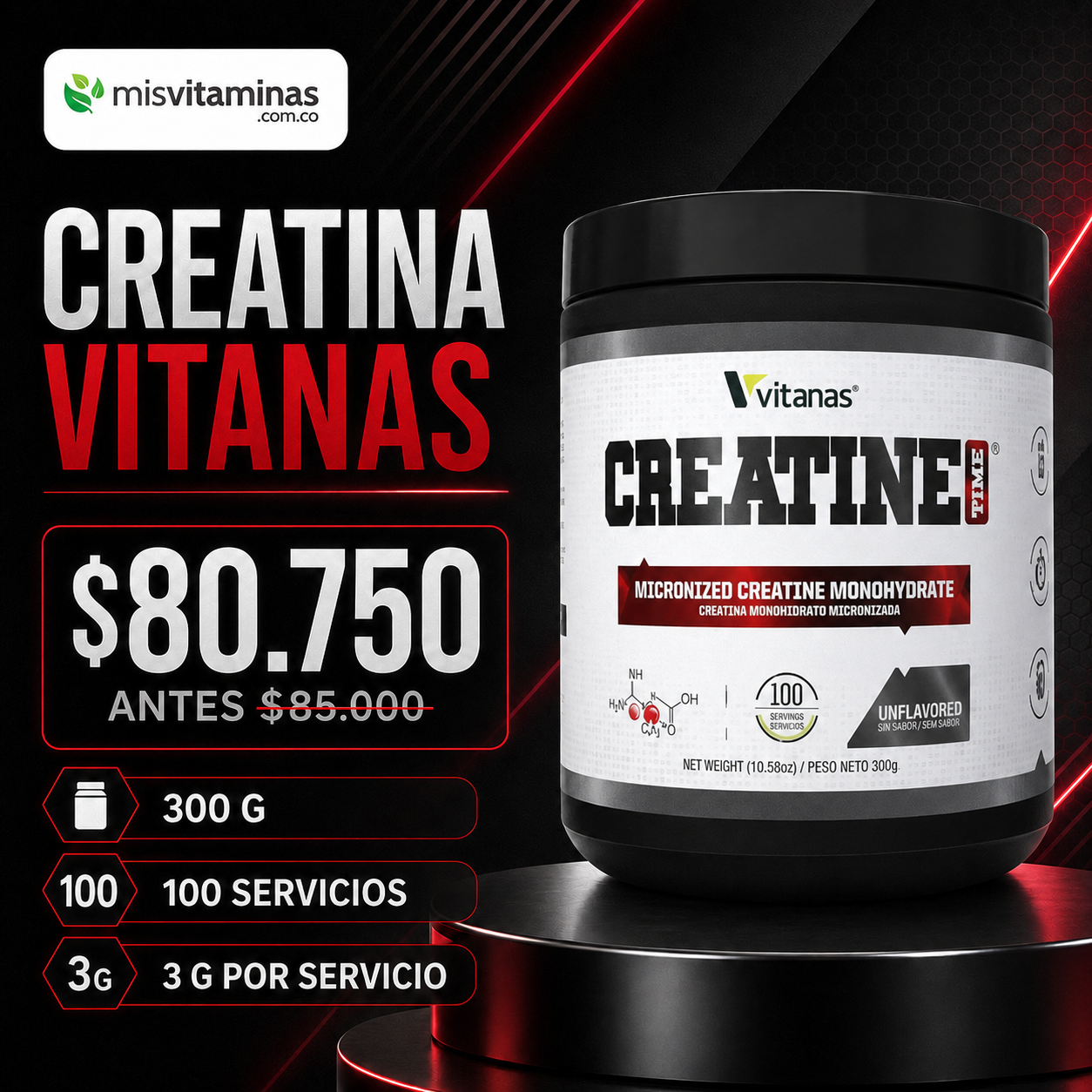 Mis Vitaminas Oficial Facebook ad: 300 g de creatina monohidratada