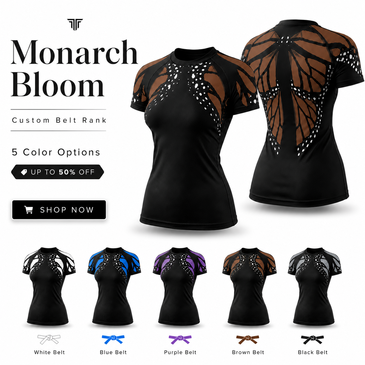 Titan ADN Facebook ad: Premium Custom Belt Rank Monarch Bloom Women’s BJJ Rash…