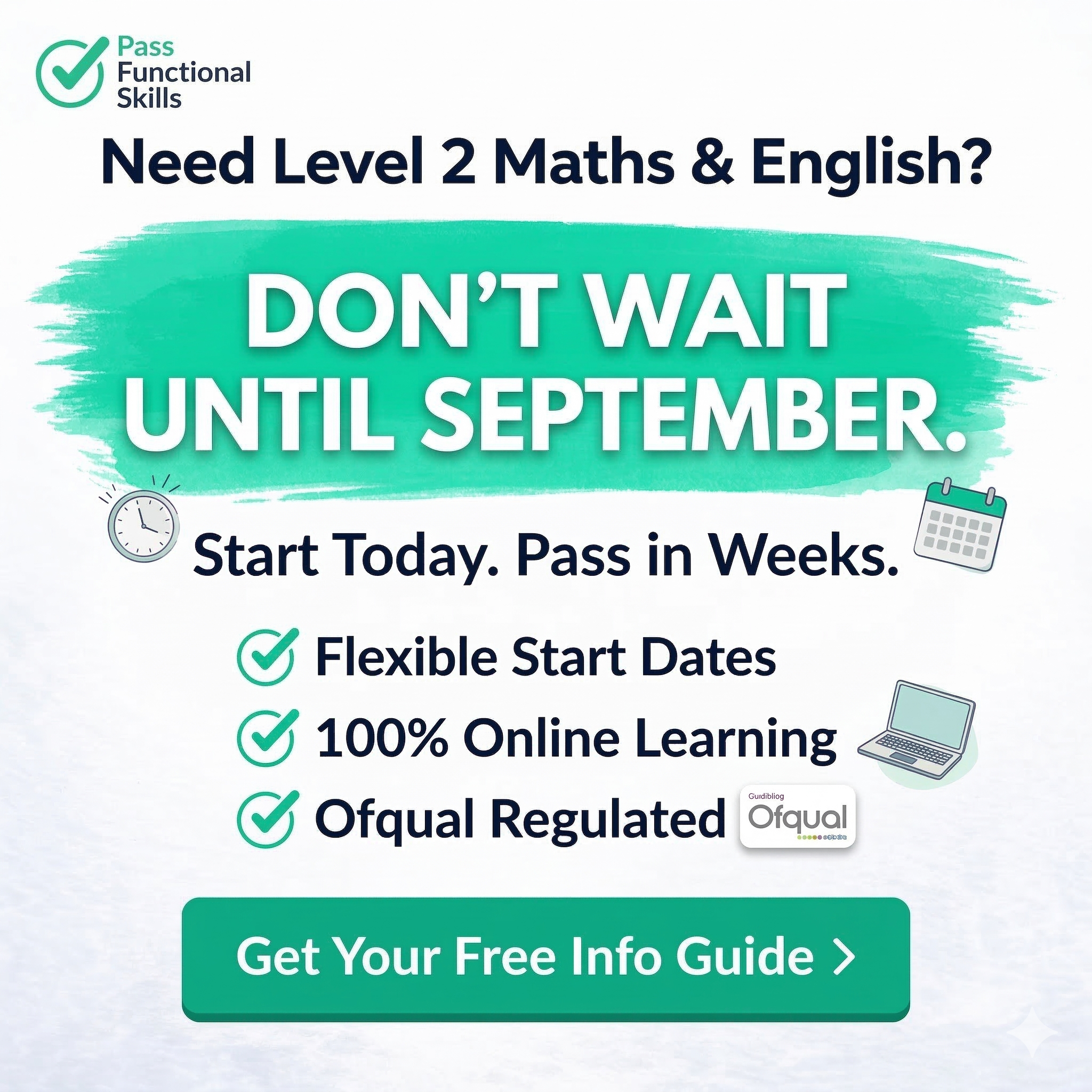 Pass Functional Skills Facebook ad: Start Today. Pass Your Level 2 in Weeks.