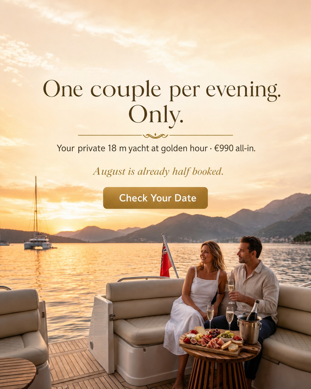Indigo Charter - Montenegro Yacht Facebook ad: Your Private Sunset, €990 for Two