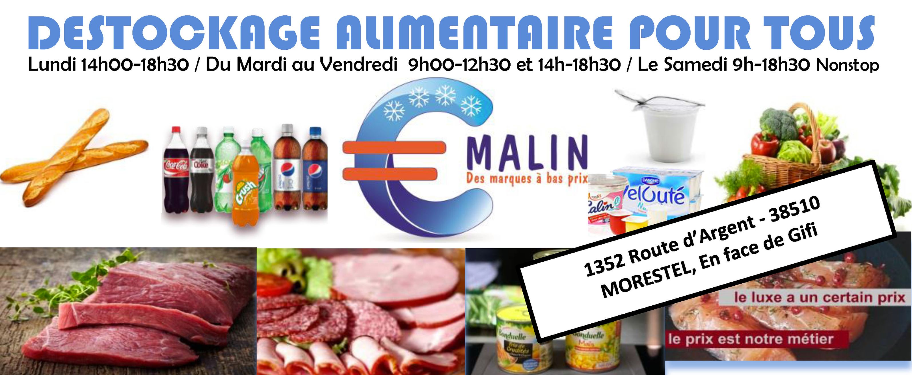 Euromalin Morestel Facebook ad: Magasin de déstockage alimentaire pour tous