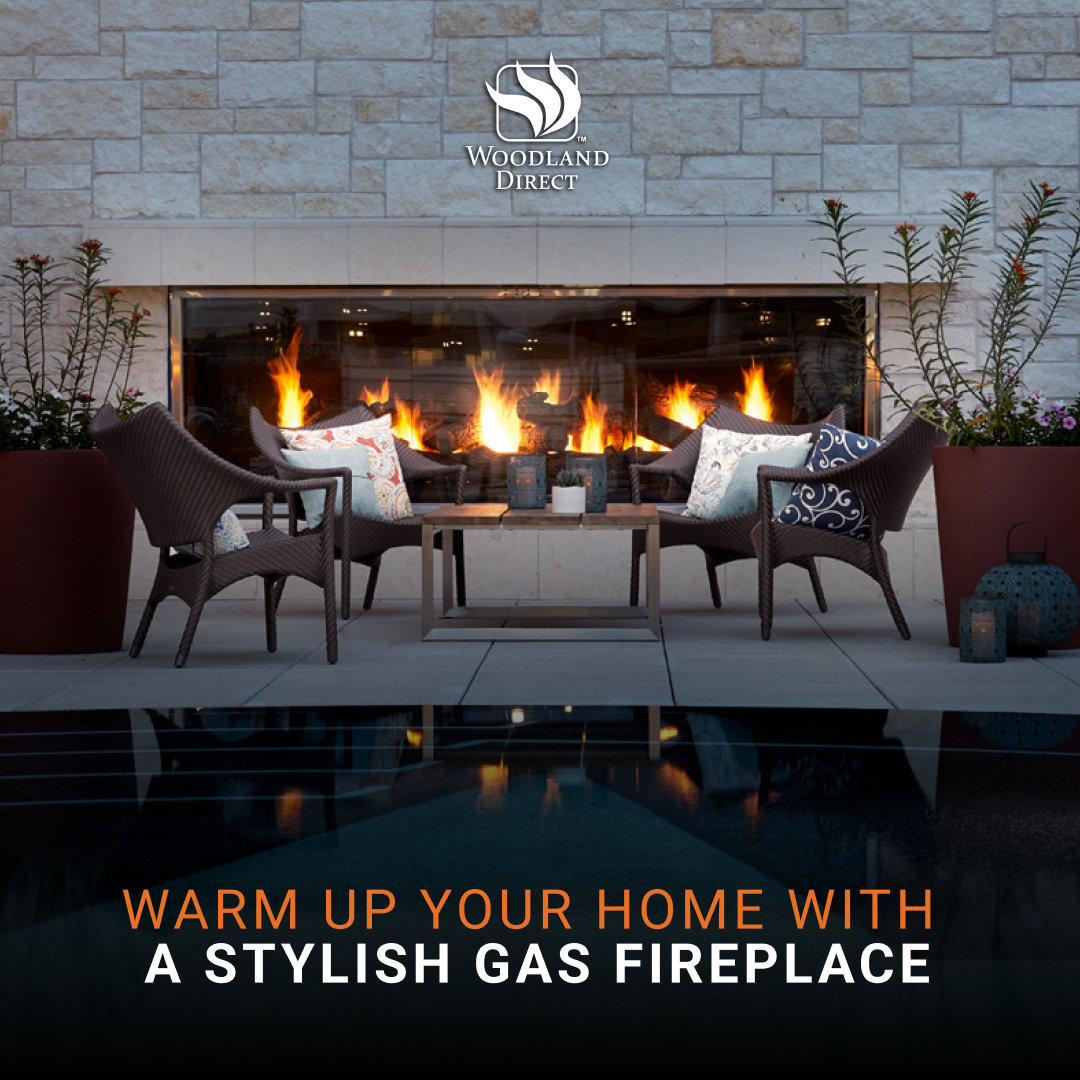 Woodland Direct Facebook ad: Warm Up Your Home With A Stylish Gas Fireplace