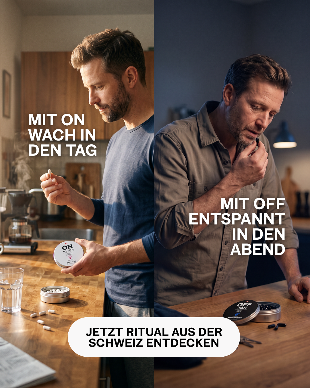 ONOFF Facebook ad: Morgens ON. Abends OFF.