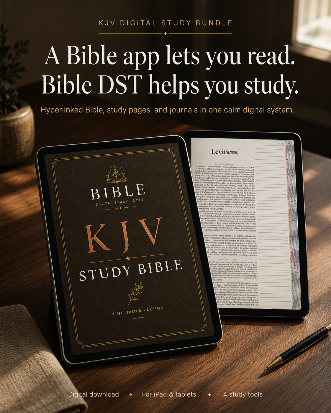 Bible Dst Facebook ad: A Bible app lets you read. Bible DST helps you study.
