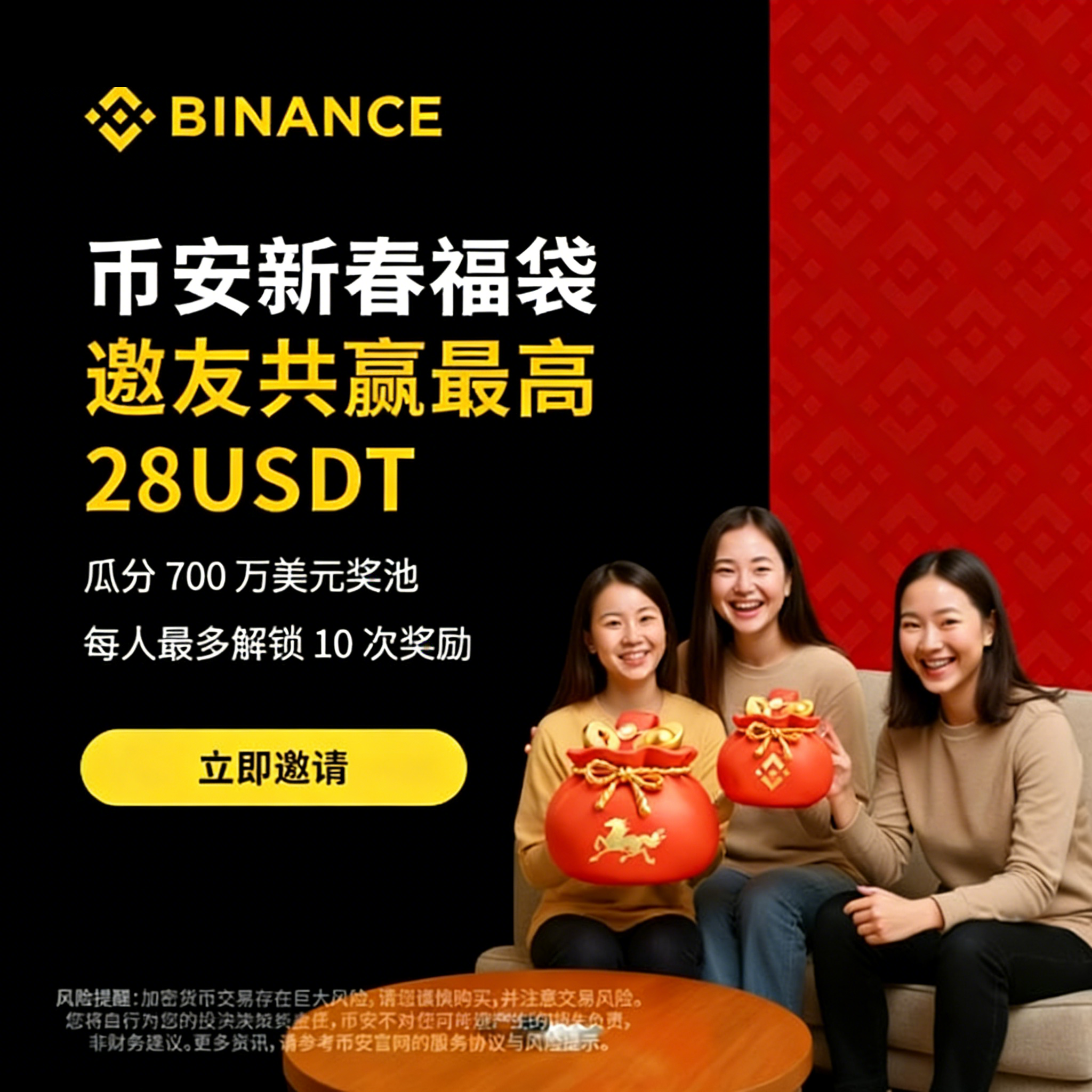ShineYea Facebook ad: 新春邀友 双方各赢最高 28USDT 福袋