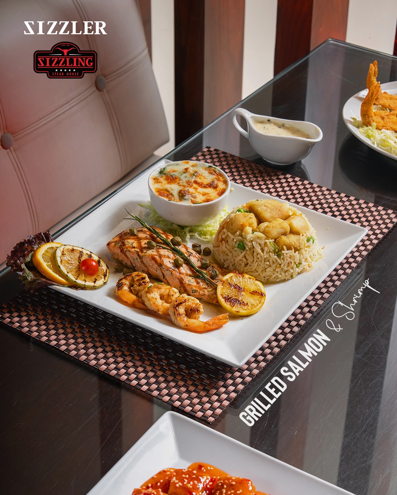 Sizzler Steak House Facebook ad: Grilled Salmon & Shrimp, delicately seasoned and crafted…