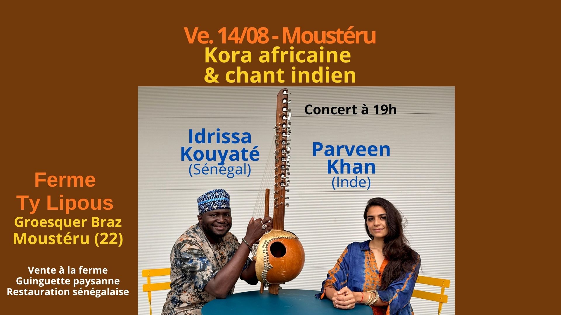 LeSwan Facebook ad: Idrissa Kouyaté & Parveen Khan / concert à Moustéru, Ferme…
