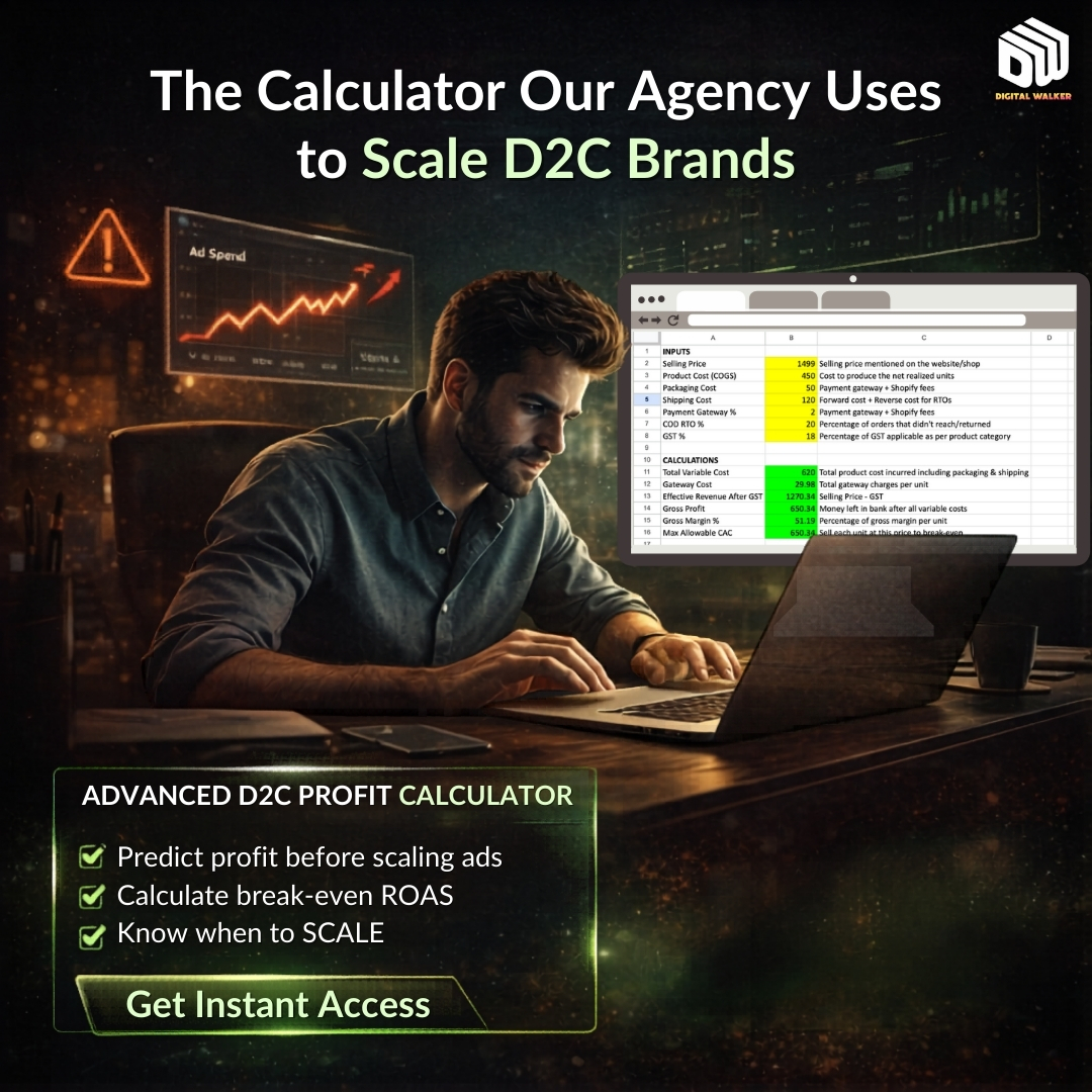 Digital Walker Marketing Company Facebook ad: Advanced D2C Profitability Calculator