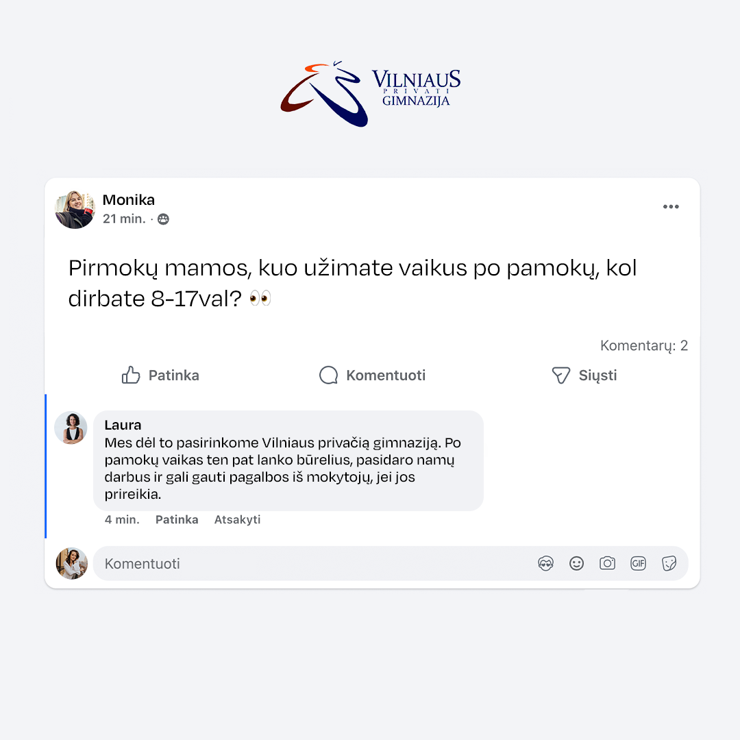 Vilniaus Privati Gimnazija Facebook ad: Mokymasis, konsultacijos ir būreliai