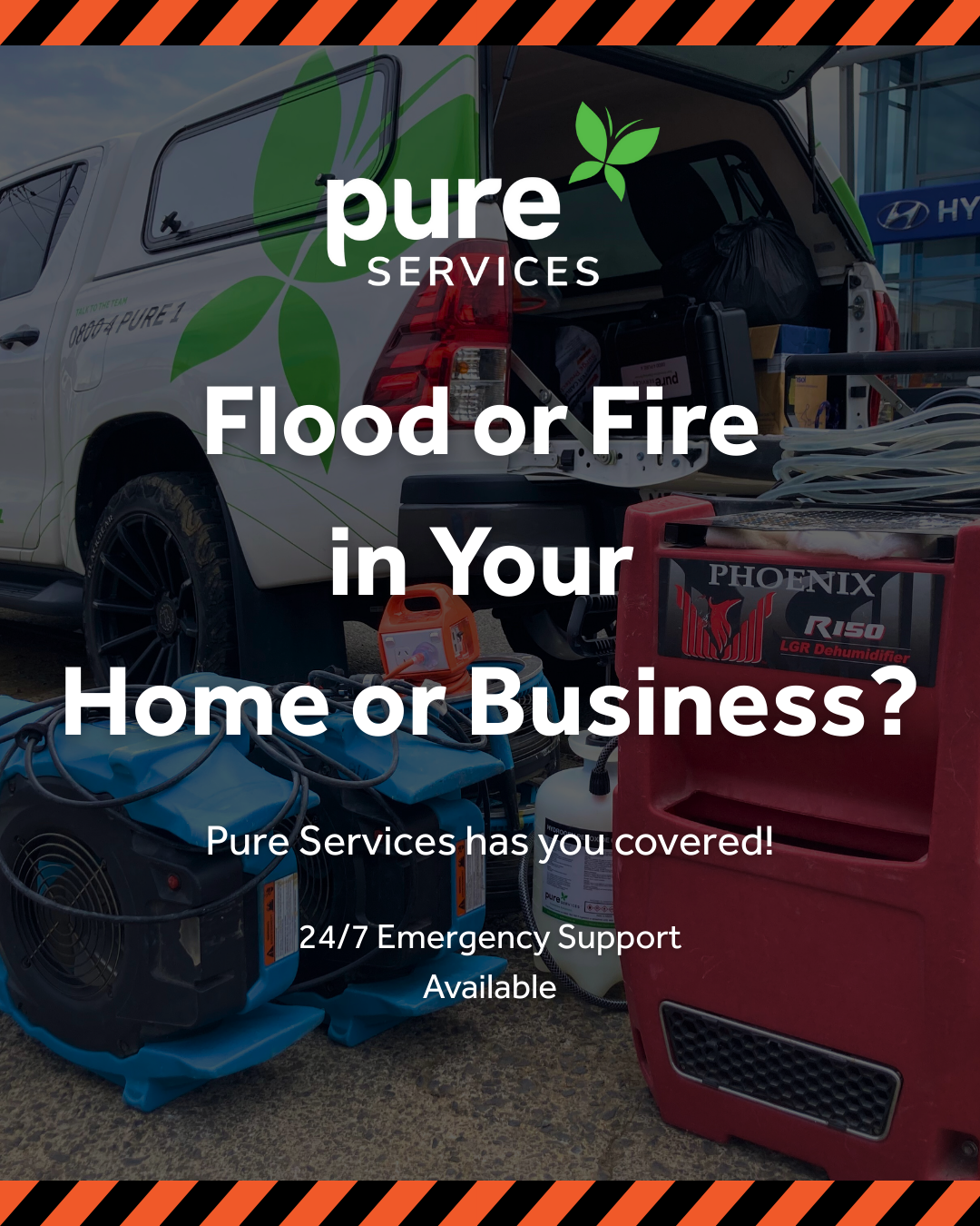 Pure Services Group Facebook ad: Flooded? We’re Ready 24/7.