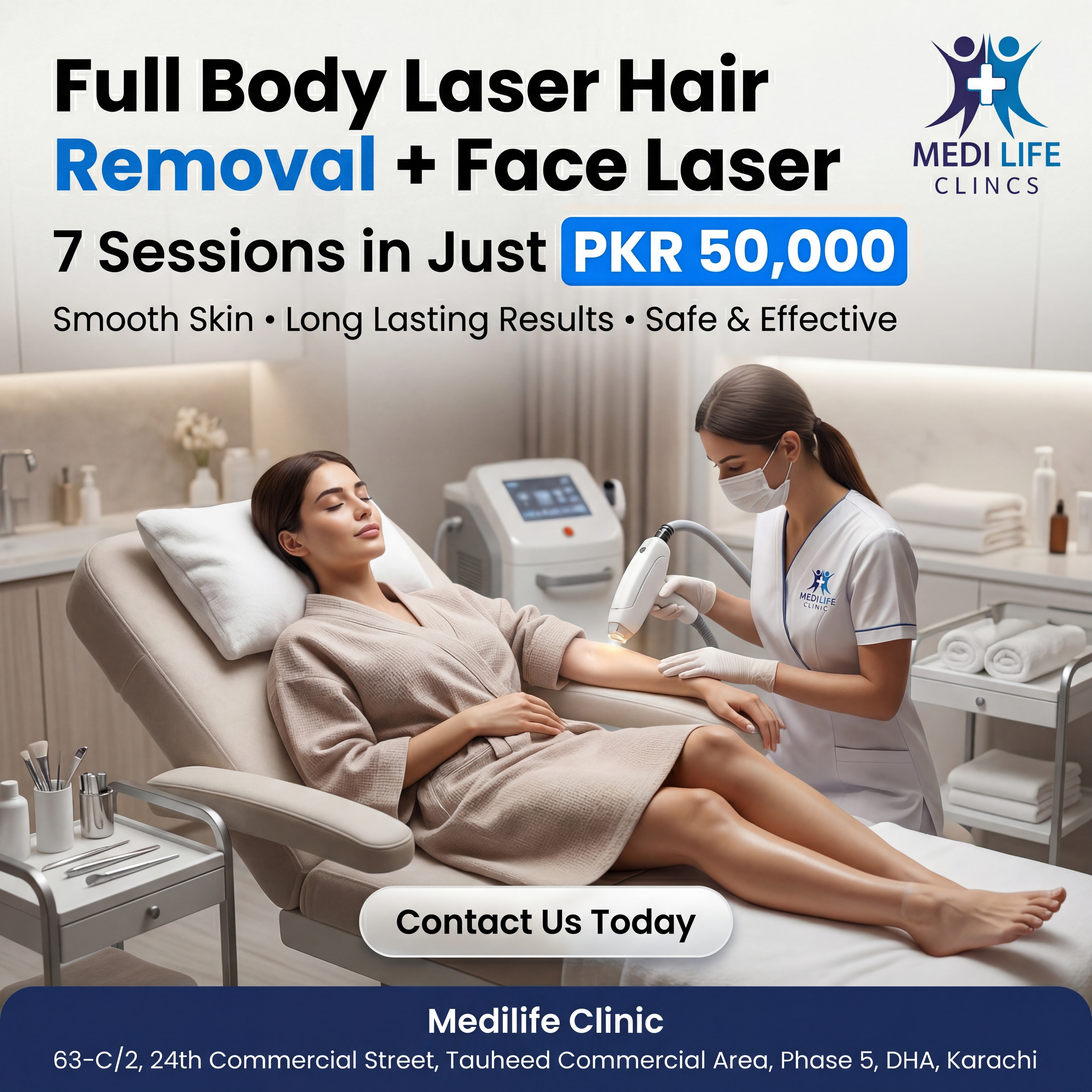 Medilife Clinics Facebook ad: Tired of constant waxing appointments, razor burns, and…
