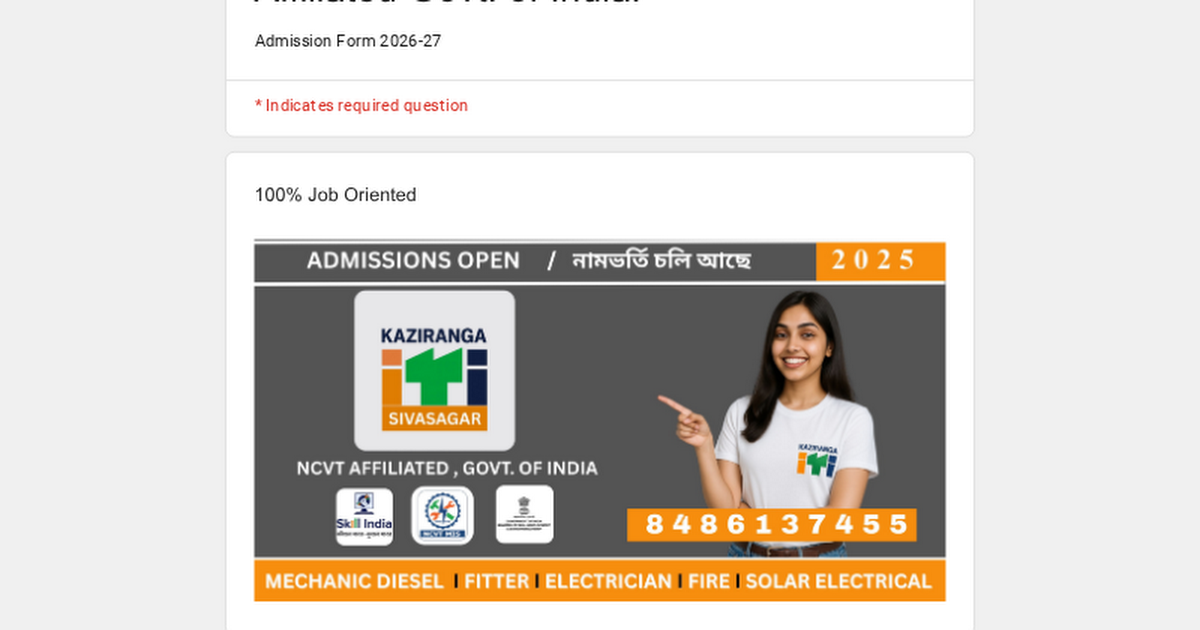 Kaziranga I T I, Affiliated To NCVT, Govt. of India Facebook ad: Kaziranga ITI, Sivasagar, Assam. NCVT Affiliated Govt. of…