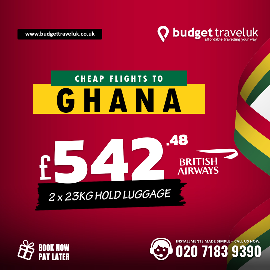 Budget Travel UK Facebook ad: Fly London → Ghana from only £542.48, Limited Seats!