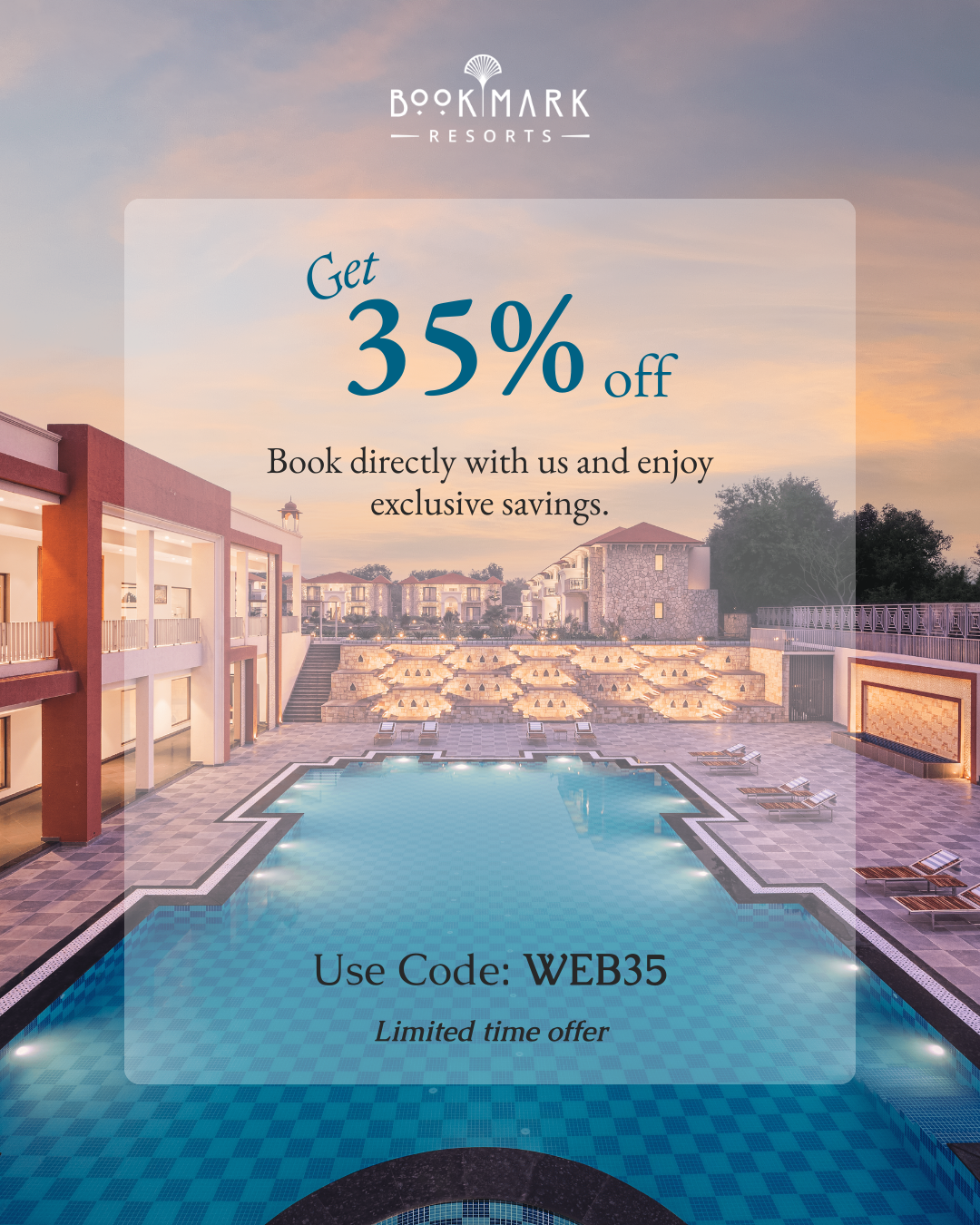 Bookmark Resorts Facebook ad: 35% Off at Bookmark Ranthambore, Book Direct & Save Big.