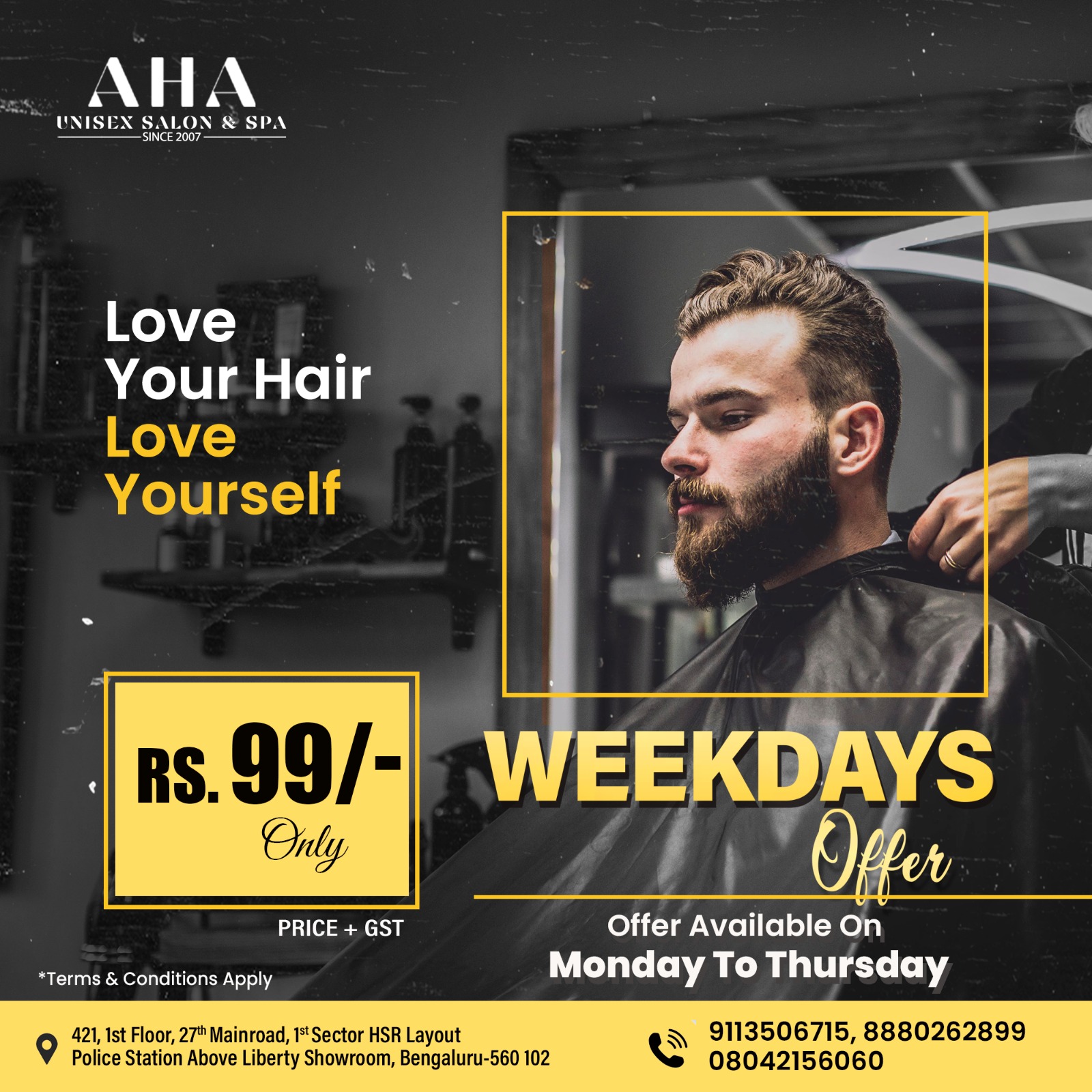 Aha Unisex Salon & Spa Facebook ad: Weekdays Offers Men's Hair Restyle @ 99/-