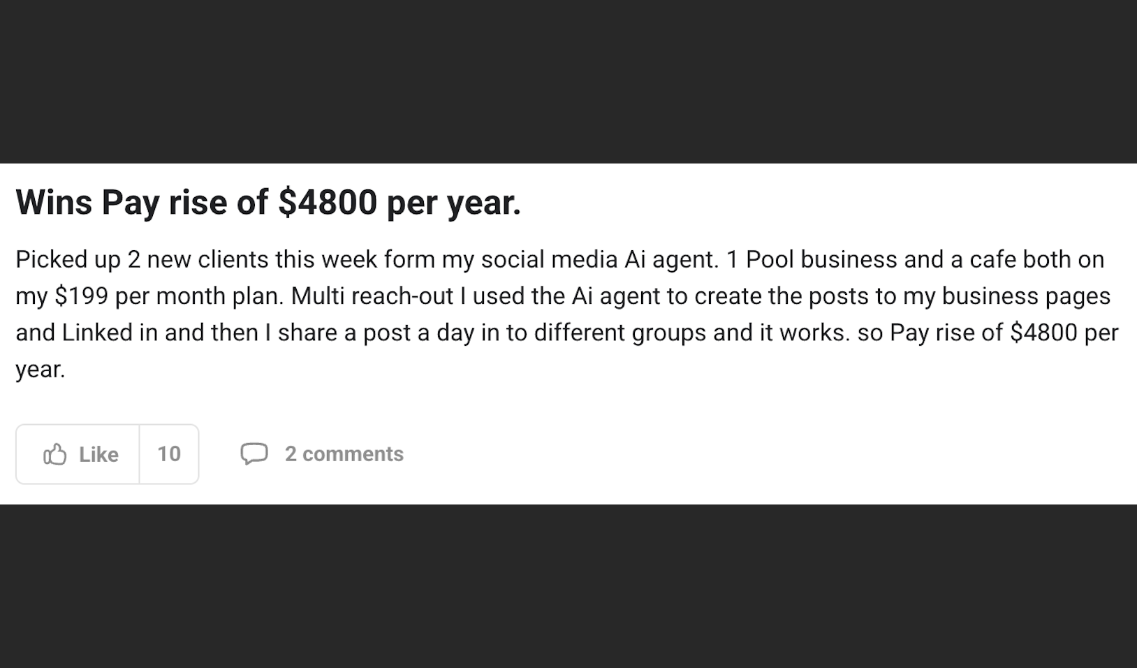 Climbo.com Facebook ad: 2 clients. $4,800/year added.