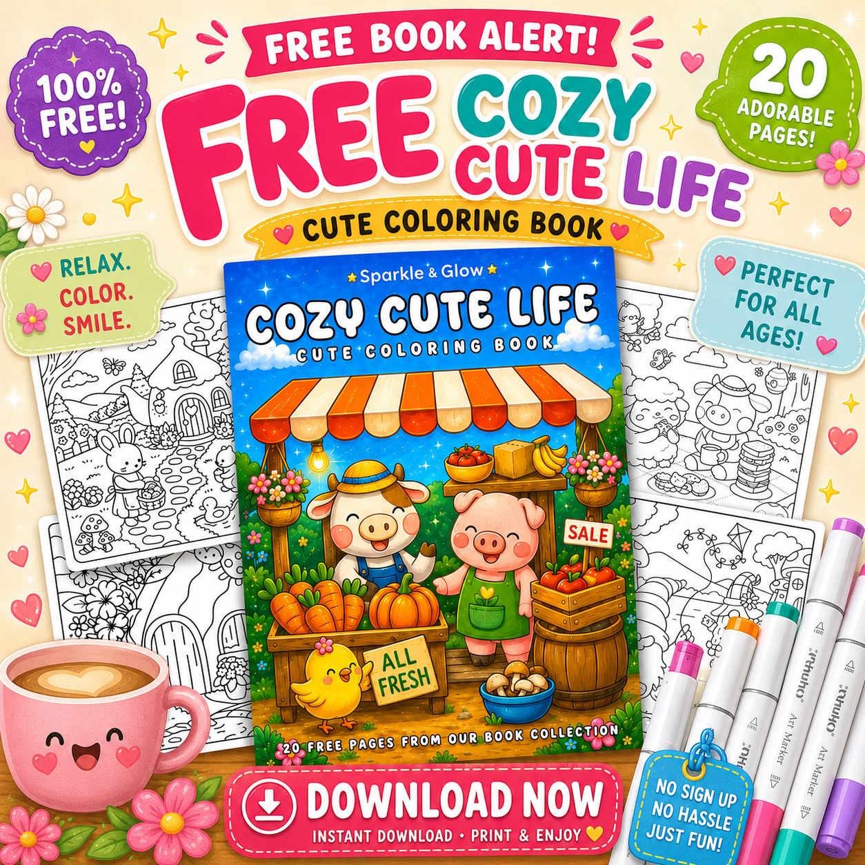 sparkleandglow.co Facebook ad: FREE Cozy Coloring Book, 20 Cute Designs