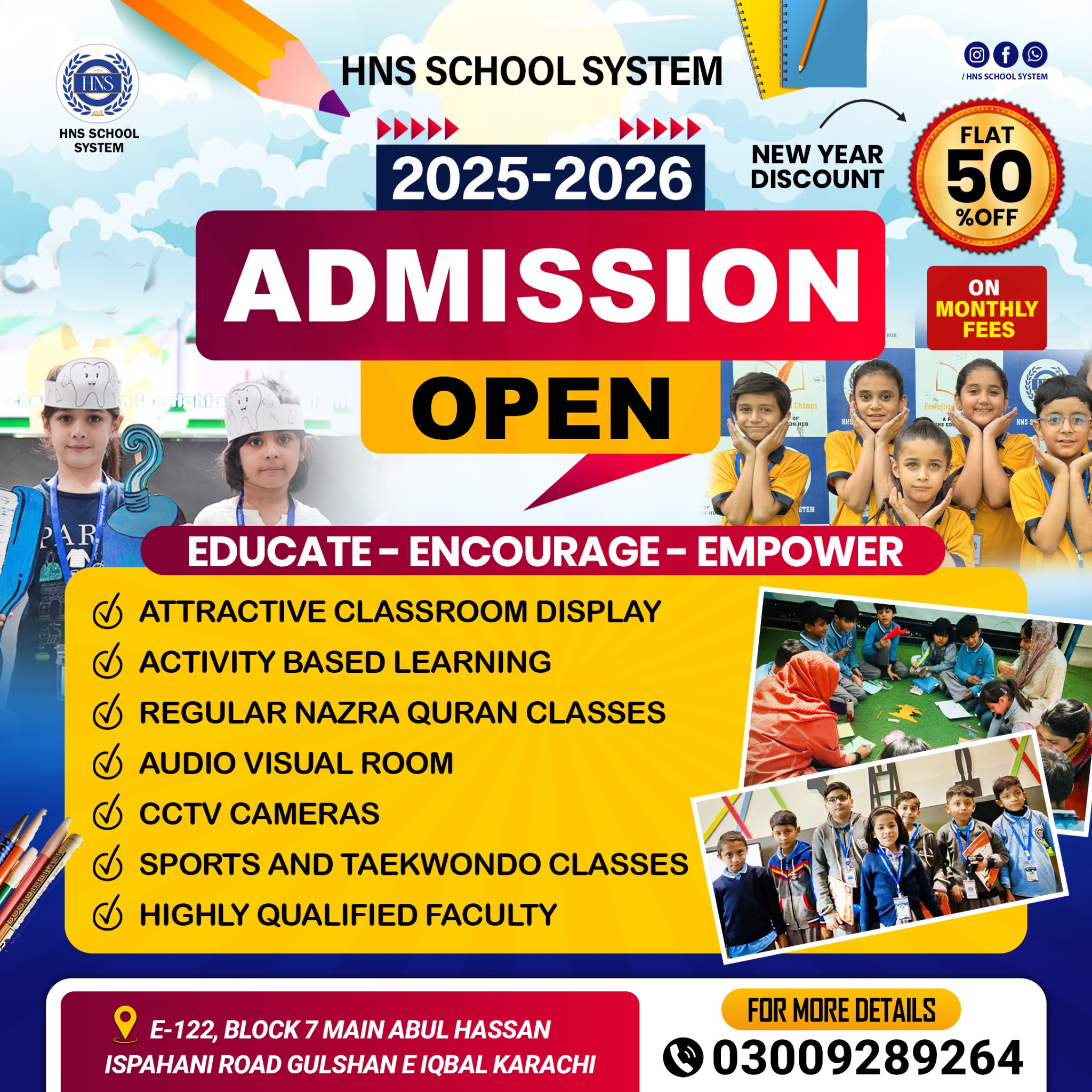 HNS School System Facebook ad: Admissions Open, Pay 50% Less!