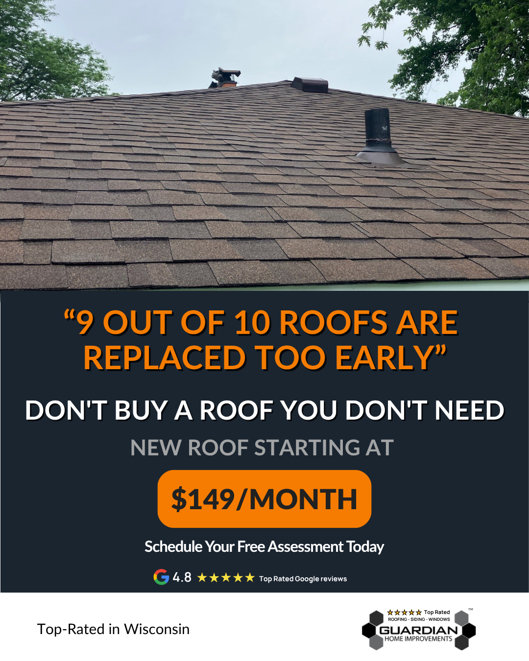 Guardian Home Improvements Facebook ad: New Roof From $149/Mo. No Check Required.