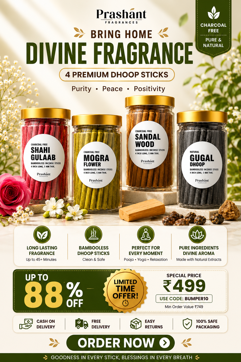 Prashant Fragrances Facebook ad: Bambooless Incense Sticks with Holder 4 in 1 Dhoop Sticks…