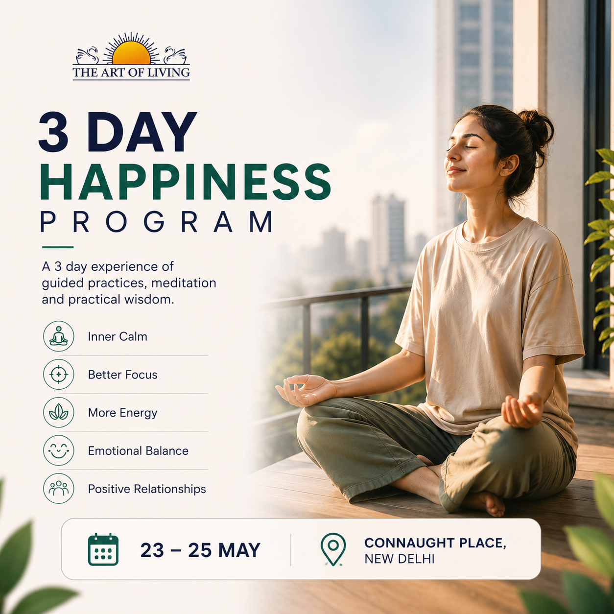 The Art of Living Facebook ad: 3 Day Happiness Program by The Art of Living