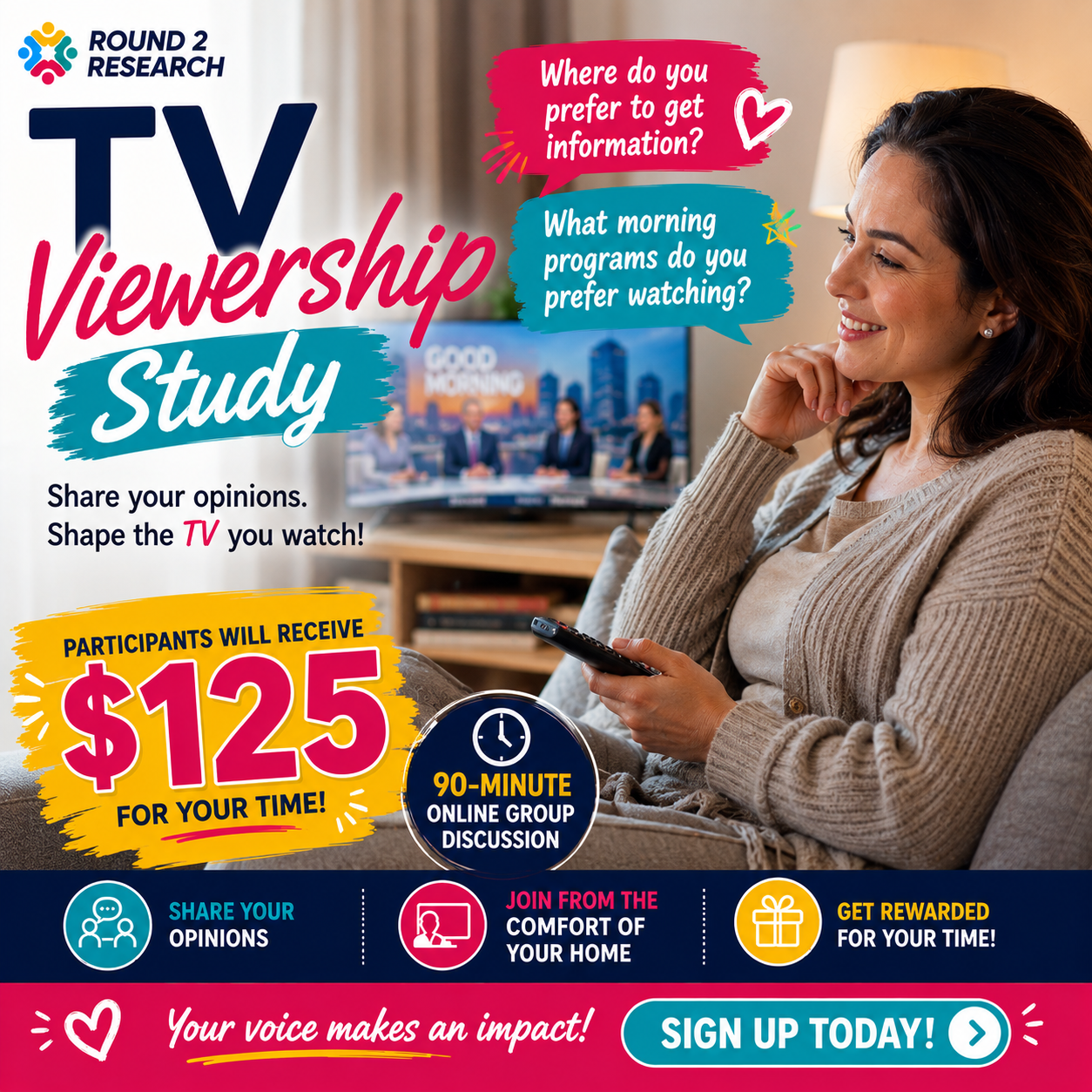 Round2Research Facebook ad: TV Viewership Study - $125 Reward