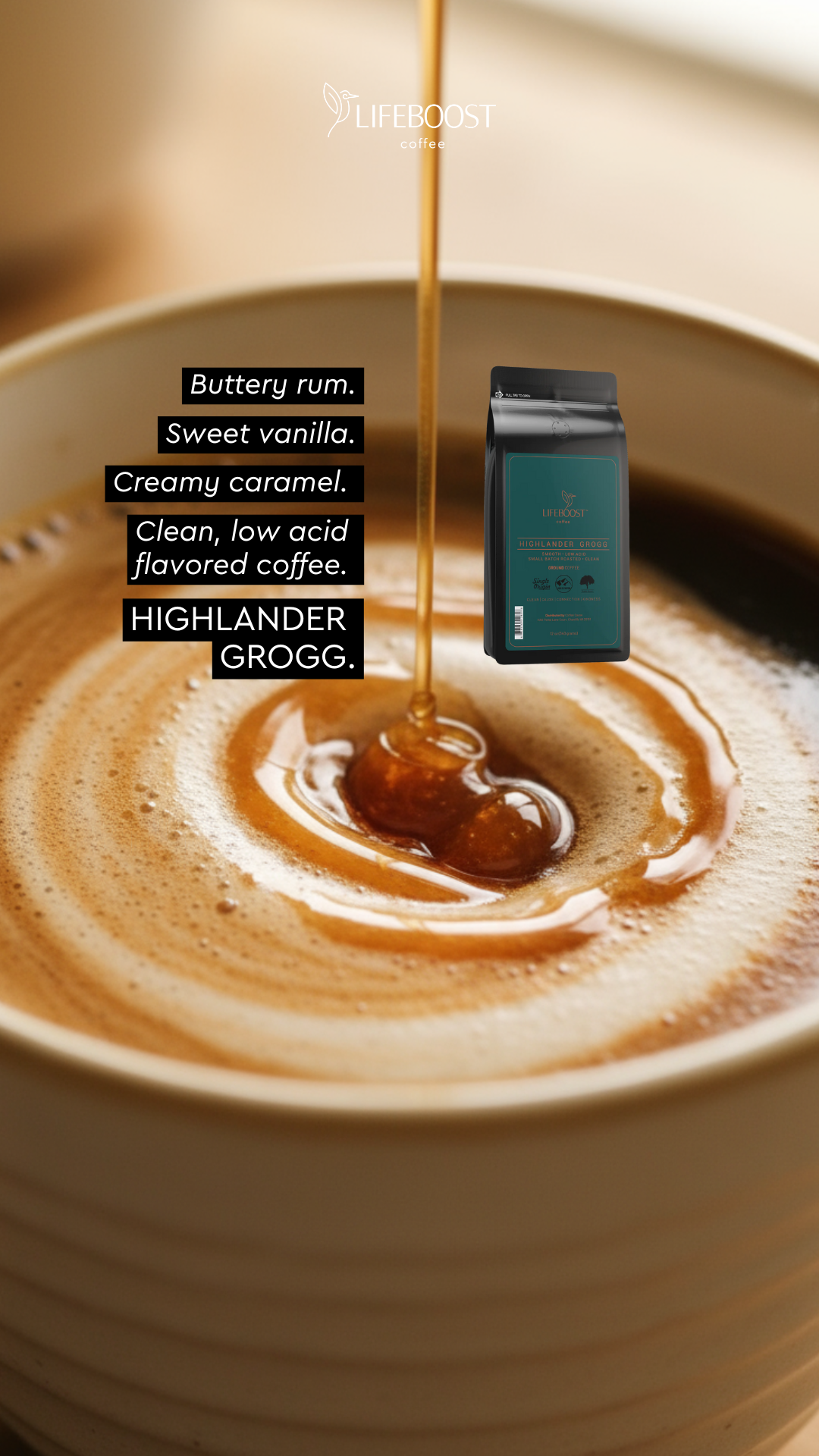 Lifeboost Coffee Facebook ad: Try Our Highlander Grogg