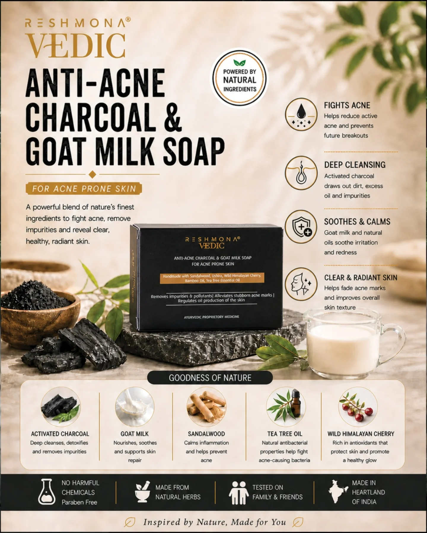 HouseofReshmona Facebook ad: Anti Acne Charcoal & Goat Milk Soap - RESHMONA VEDIC