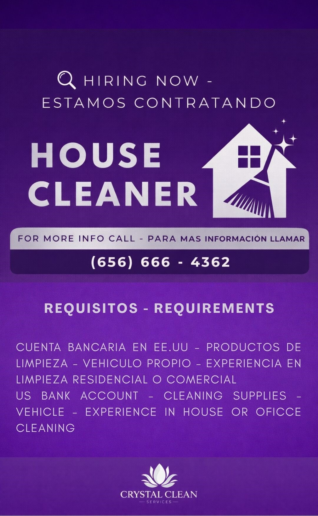 Crystal Clean Services Facebook ad: NOW HIRING CLEANERS