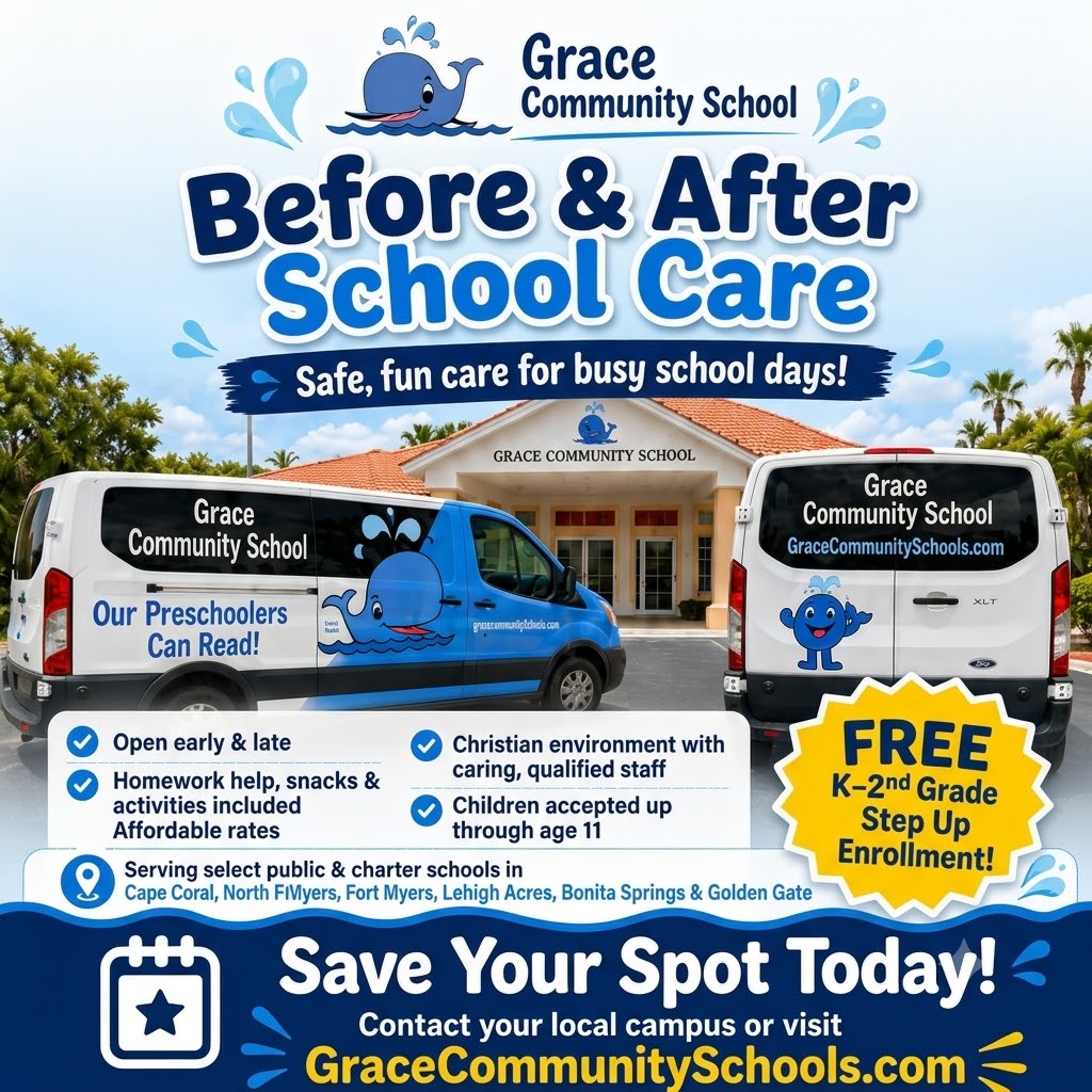 Grace Community School Facebook ad: 2026-2027 School Year Care! Secure Your Spot Now!