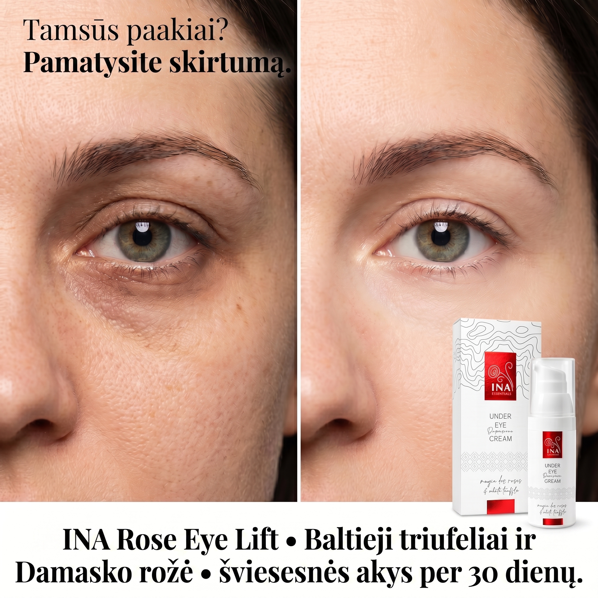 InaEssentials.lt - Šeimos Organinė Kosmetika Facebook ad: Tamsūs paakiai išduoda kiekvieną neišmiegotą naktį?