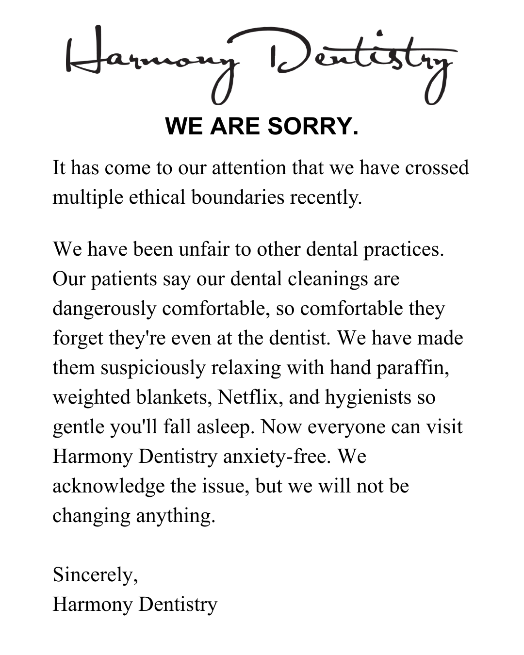 Harmony Dentistry Facebook ad: We are sorry.