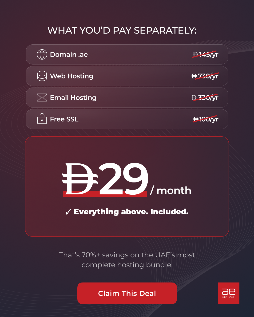 AEserver Facebook ad: Four services, four logins, four renewal dates. Or one…