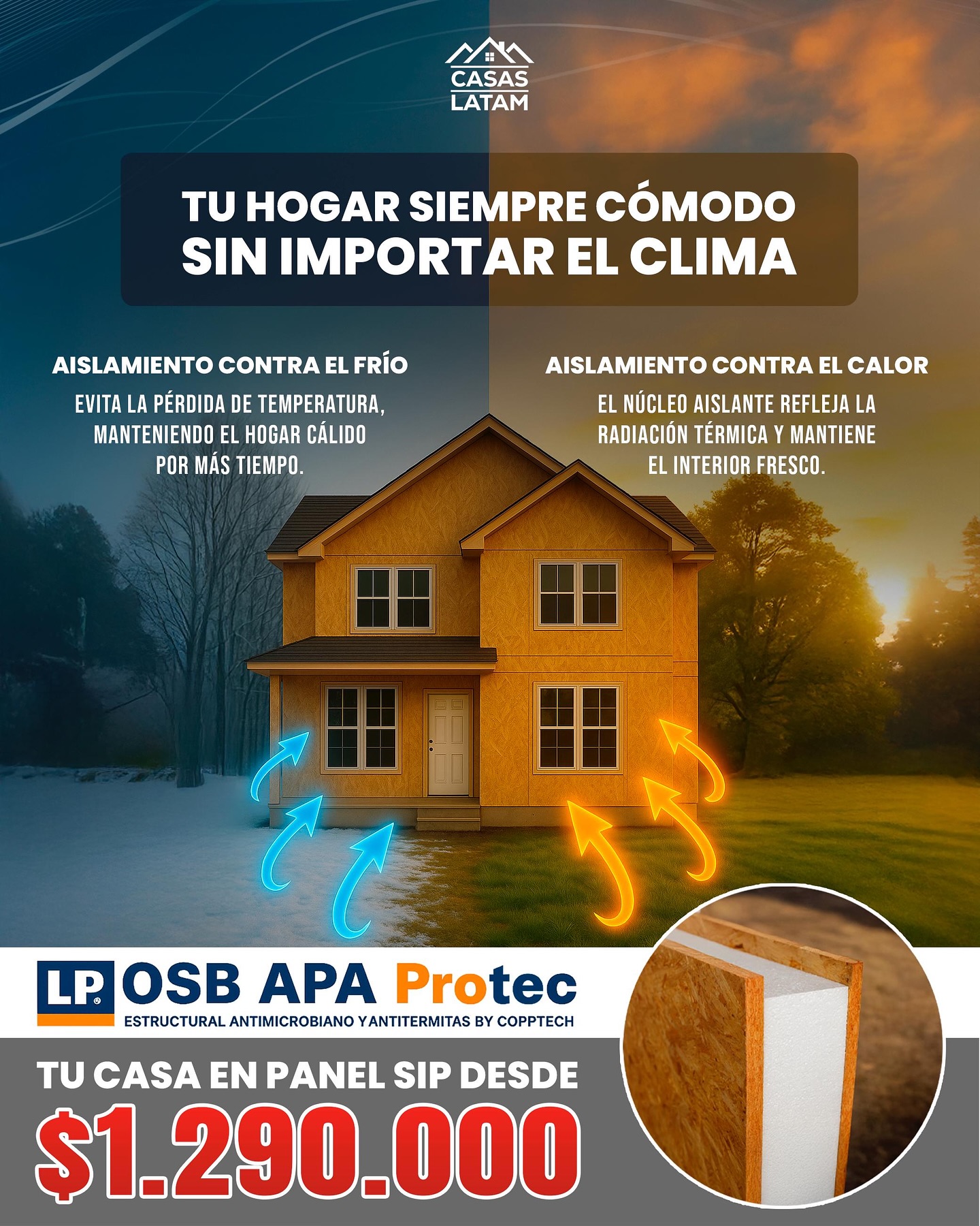 Casas LATAM Facebook ad: Tu hogar siempre cómodo, sin importar el clima…