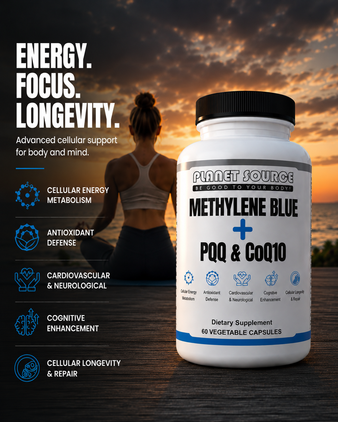 Planet Source Facebook ad: Methylene Blue + PQQ & CoQ10 Supplement