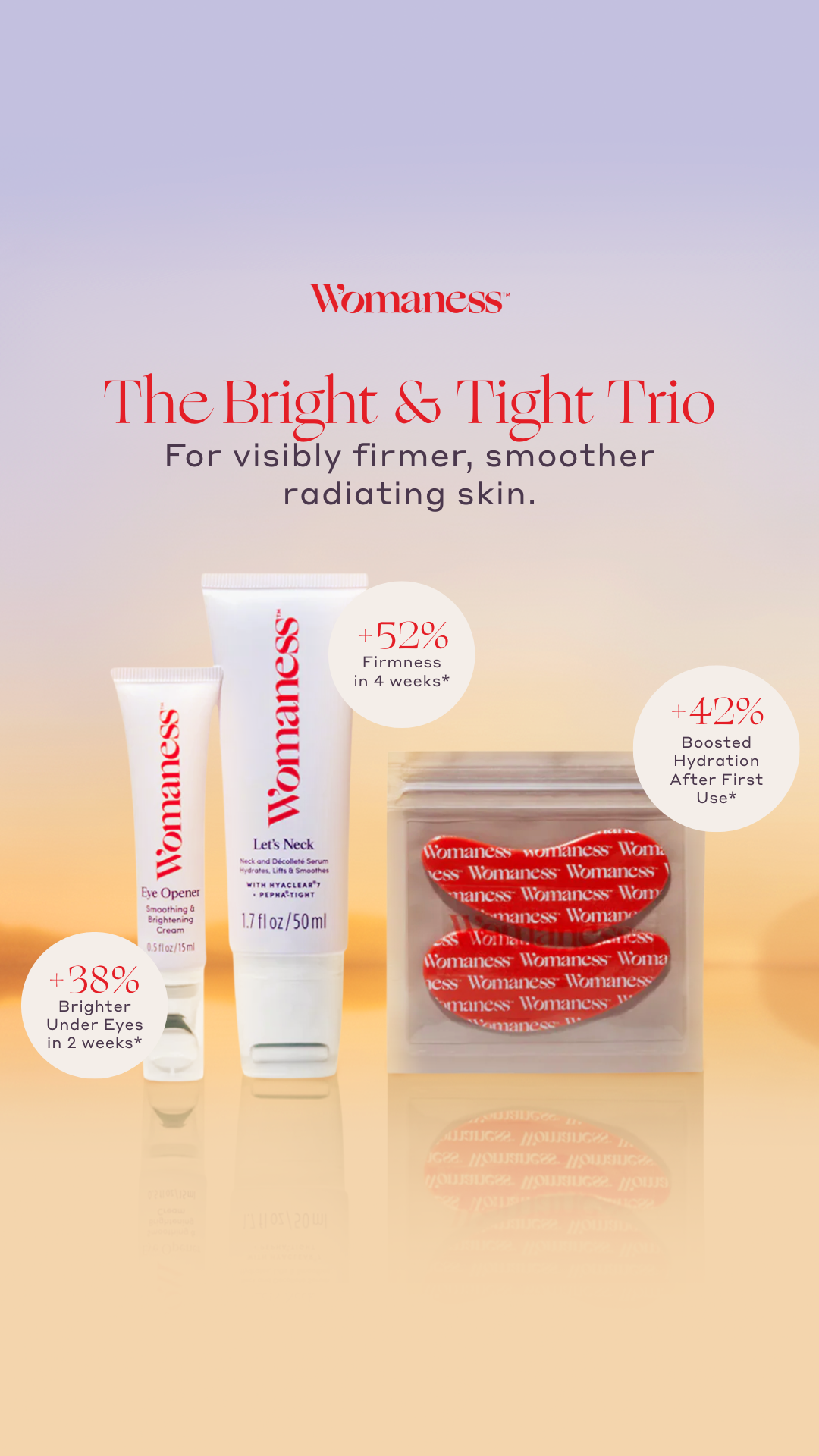 Womaness Facebook ad: Soothe and Lift Eyes and Neck @ Just $65