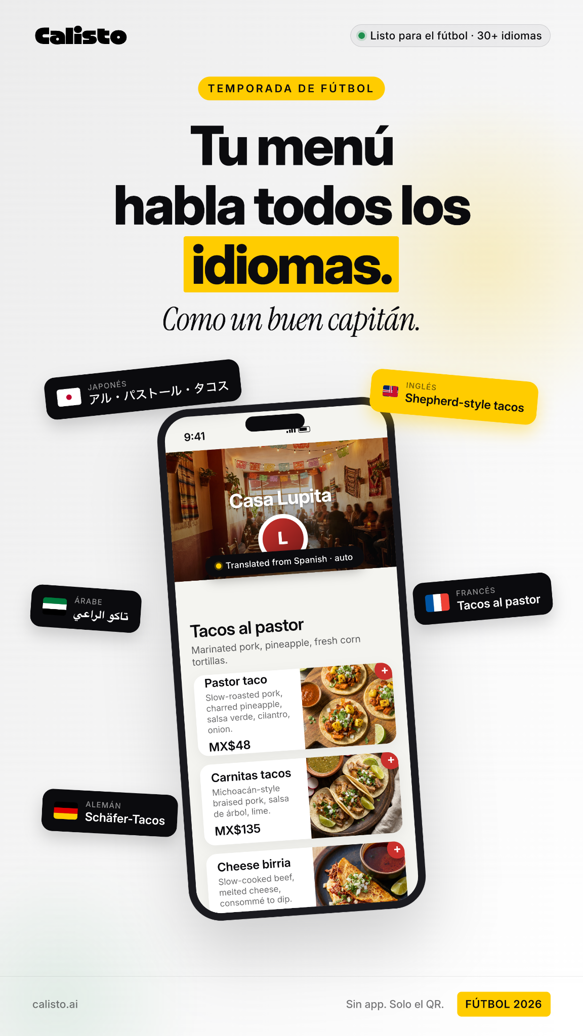 Calisto menu digital Facebook ad: Menú traducido en automático