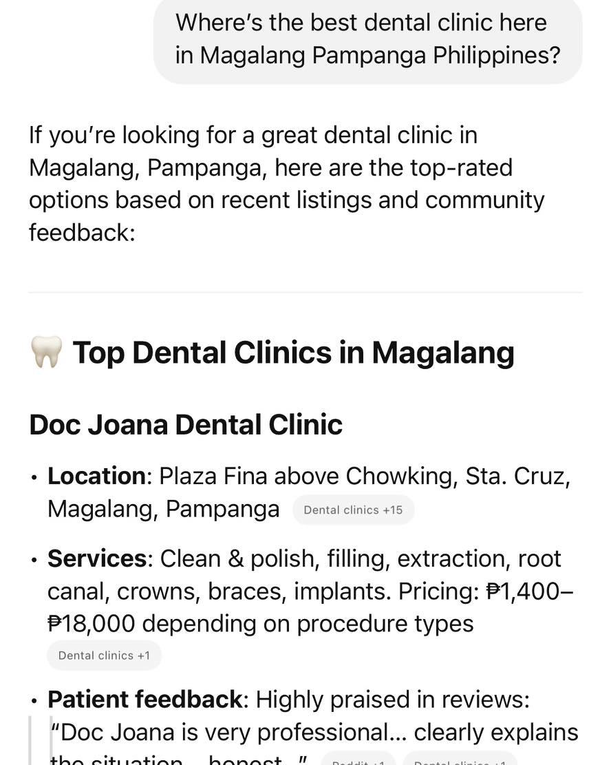Doc Joana Dental Clinic Facebook ad: Asking ChatGPT: Where’s the best dental clinic here…
