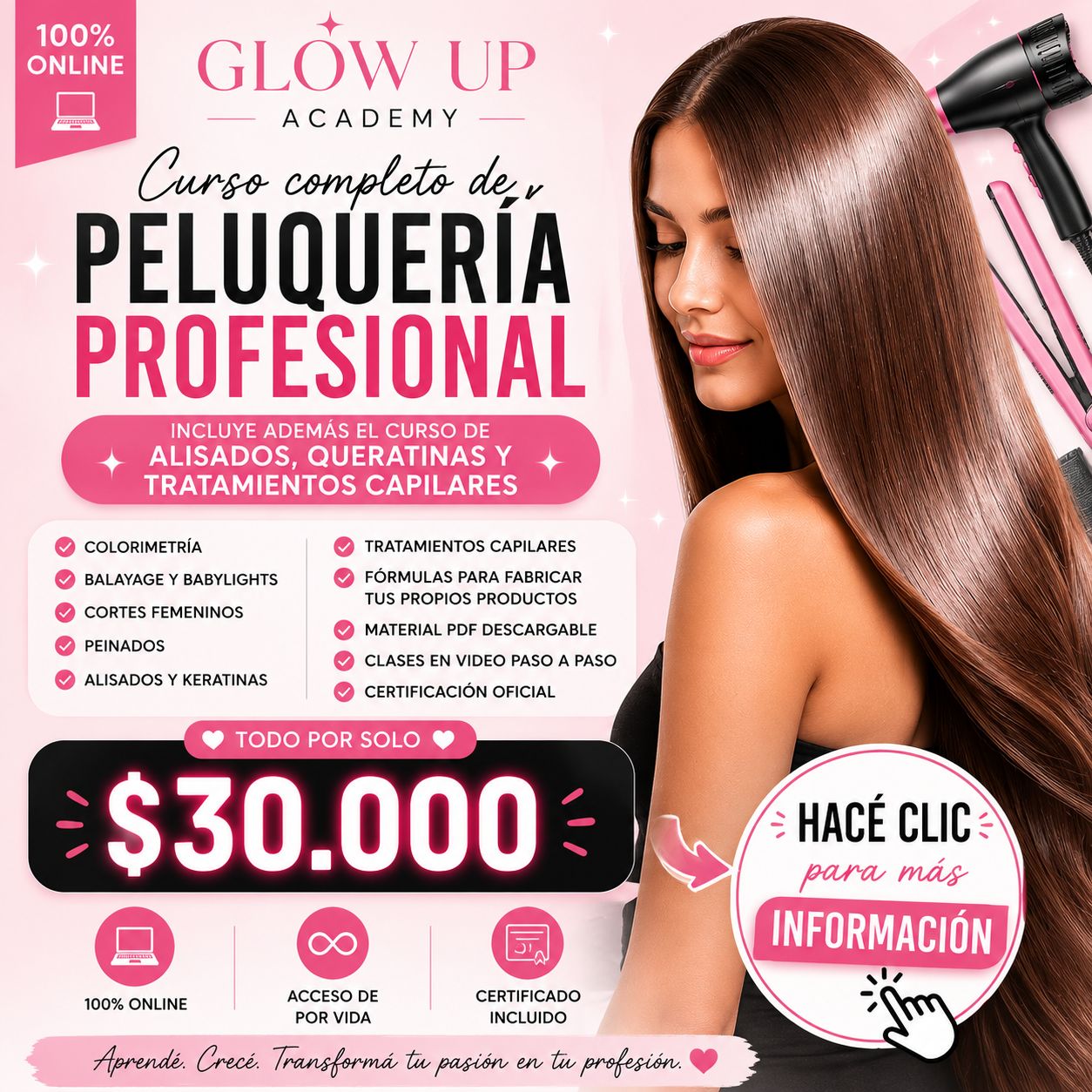 GlowUp Academy Facebook ad: Curso Online De Peluquería y Alisados