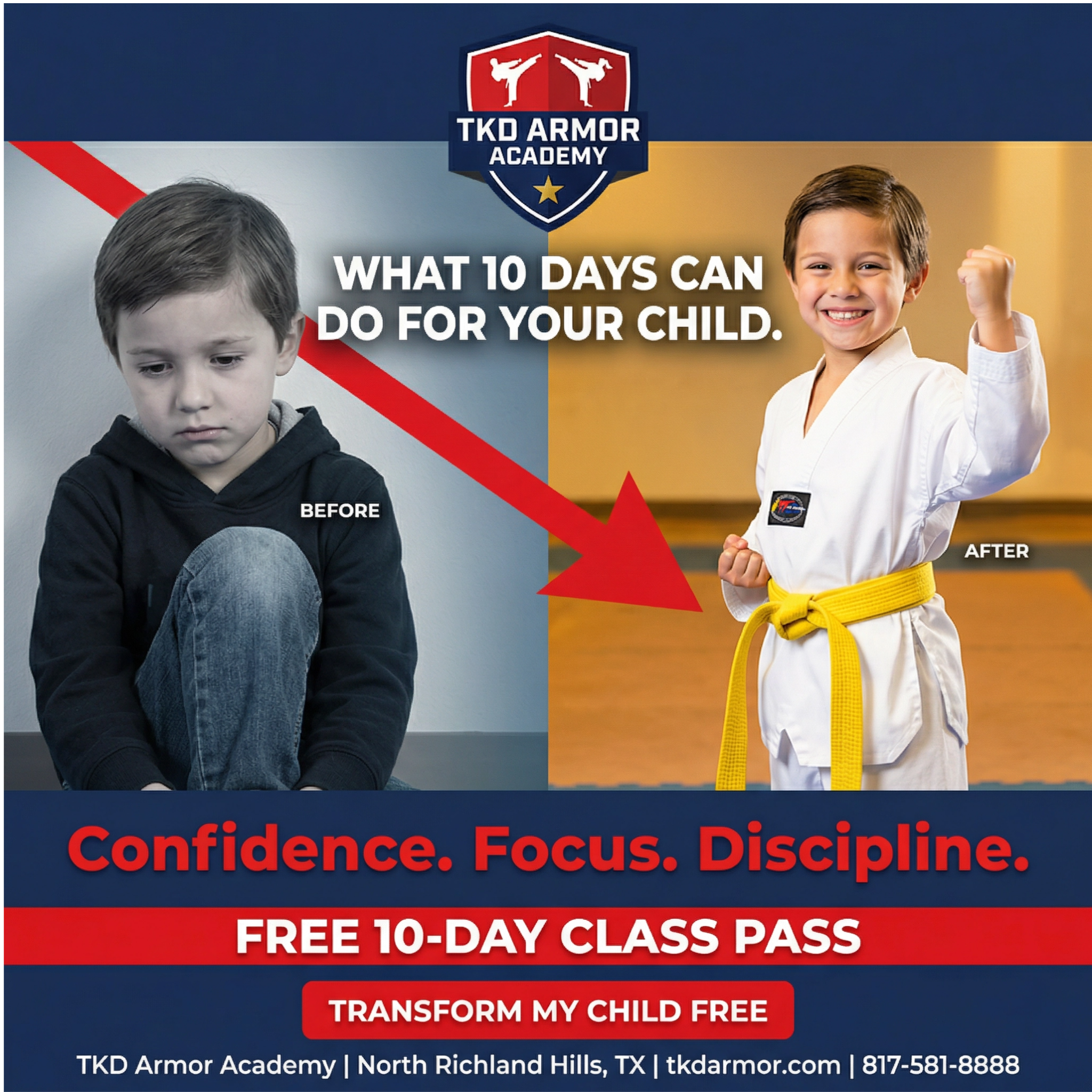 TKD Armor Academy Facebook ad: Want a FREE 10-Day, Kids Martial Arts Class Pass?