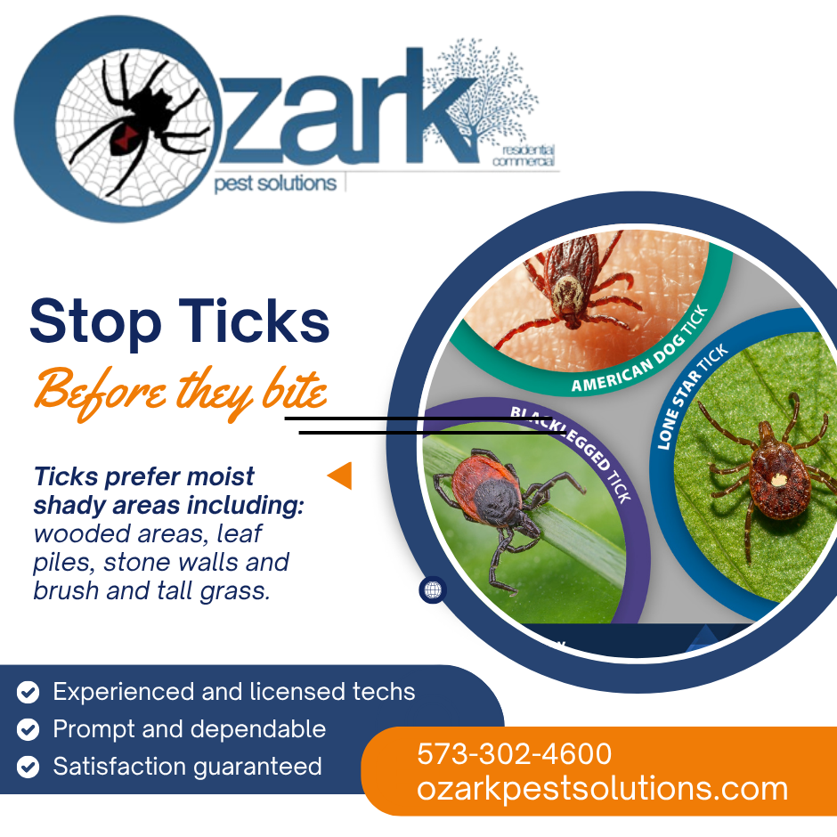 Ozark Pest Solutions Facebook ad: Tick season is here! Call us today.