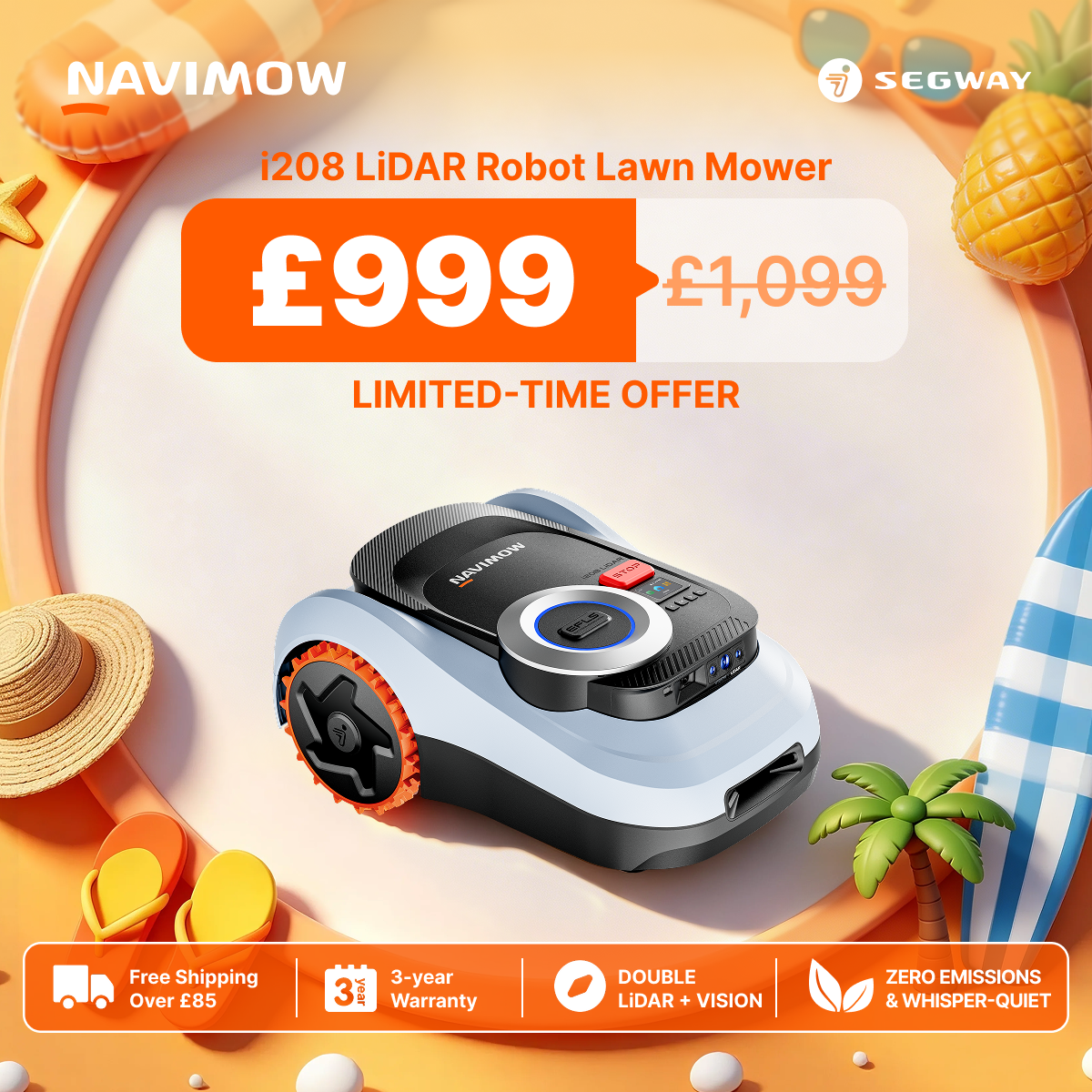 Segway Navimow Facebook ad: Summer Savings: Smart Mowing Made Easy