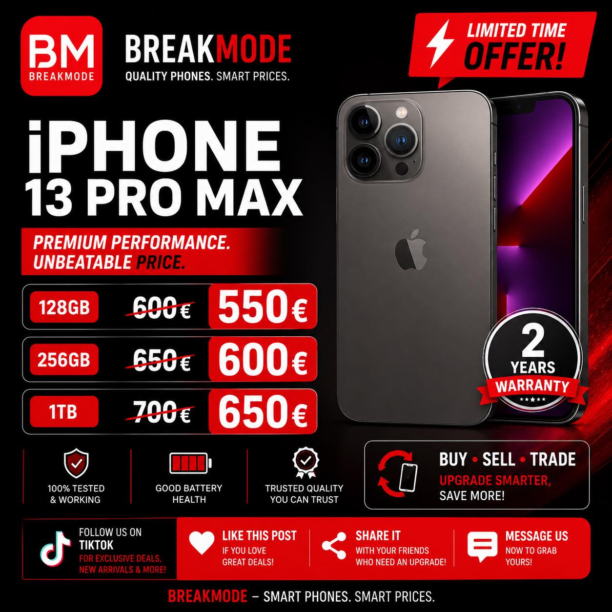 BreakMode Trade-in Store Facebook ad: iPHONE 13 PRO MAX SPECIAL OFFER