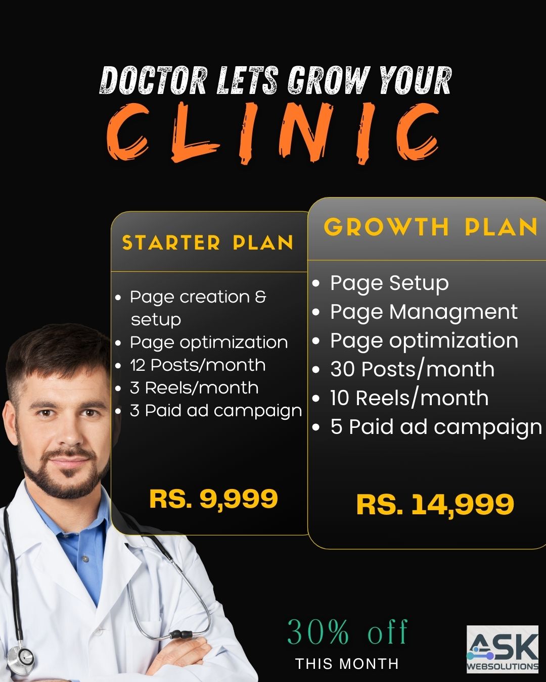 Ask WebSolutions Facebook ad: Grow Your Clinic with Expert Social Media Management
