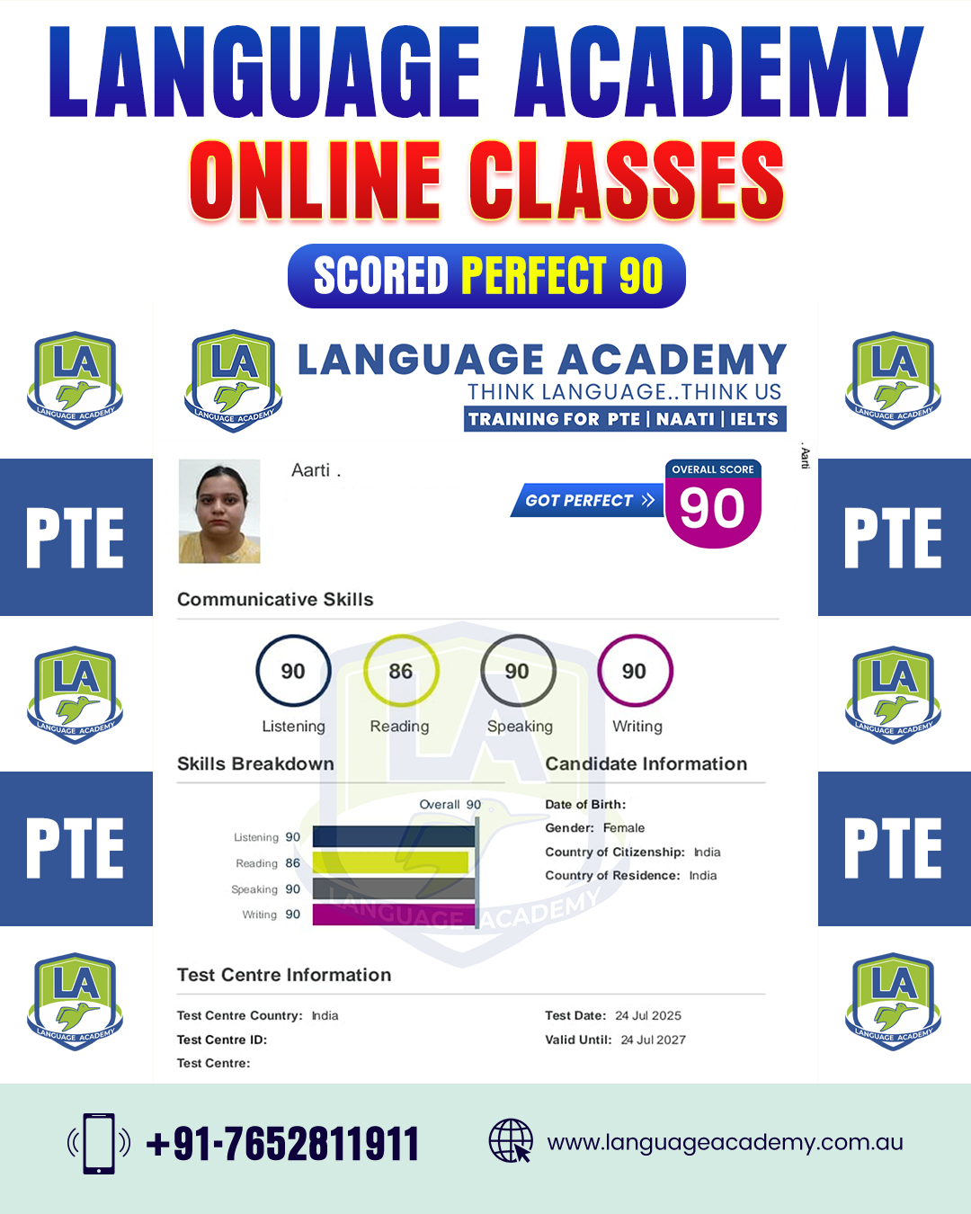LA-Language Academy PTE IELTS NAATI Experts India Facebook ad: Achieve your PTE Dream Score with Language Academy