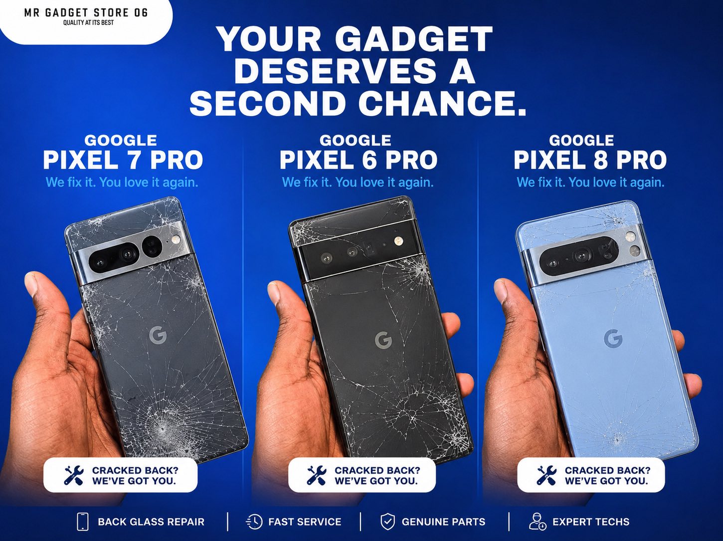 Mr Gadget store og Facebook ad: YOU DEVICE DESERVES A SECOND CHANCE WITH UP…